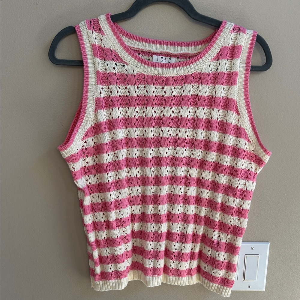 TCEC Pink White Stripe Knit Tank Top Size Large